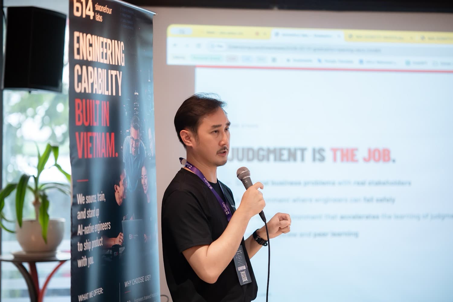 A sixonefour labs founder presenting on why judgment is the job